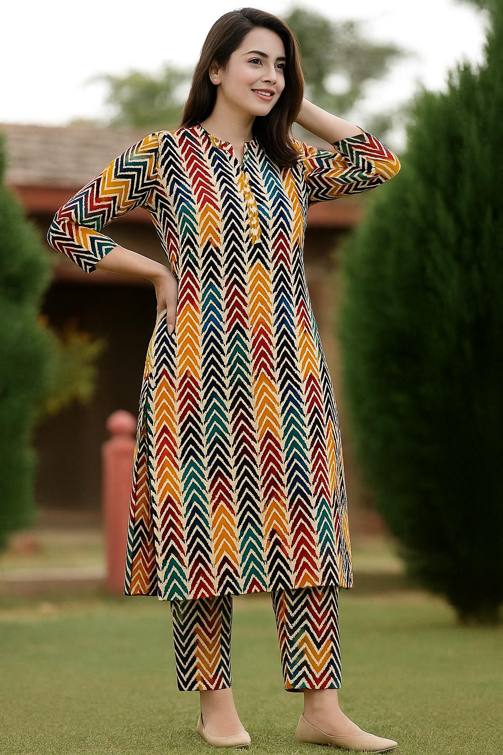 Vibrant Chevron Cotton Kurti Set for womens