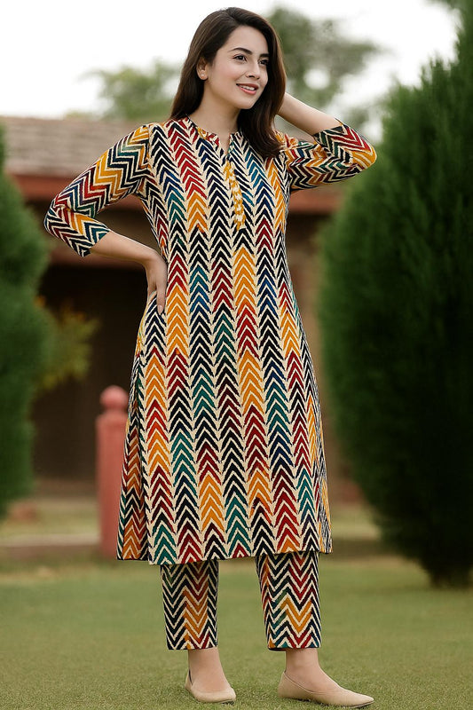 Vibrant Chevron Cotton Kurti Set for womens