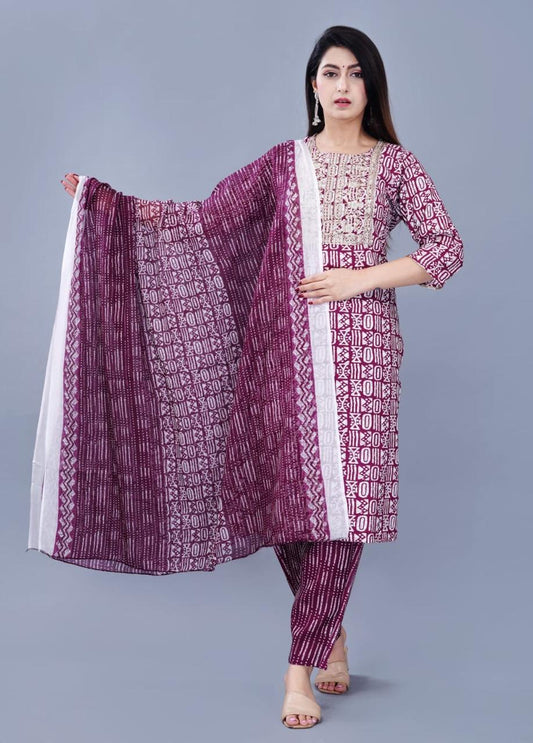 Elegant Maroon & White Ikat Print Cotton Suit Set