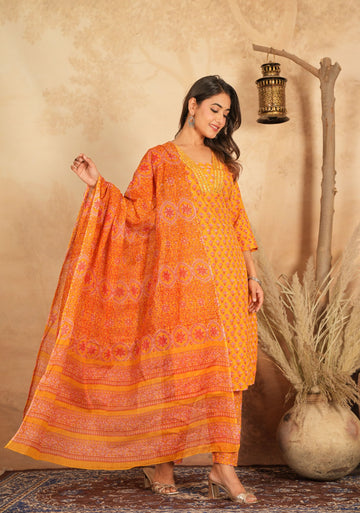 Radiant Orange Ethnic Printed Suit Set with Dupatta