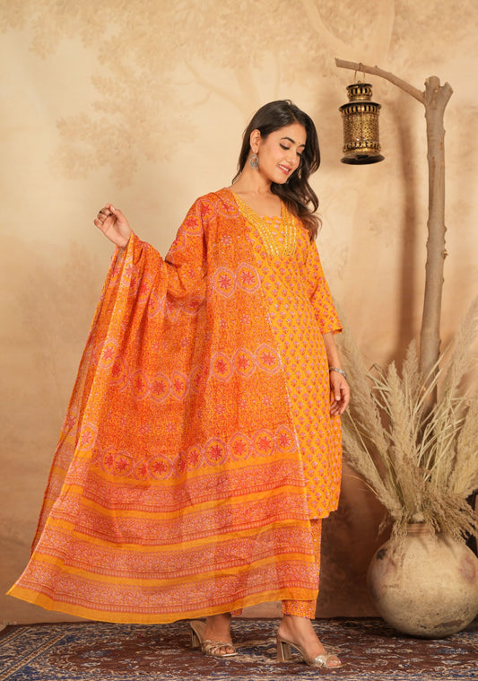 Radiant Orange Ethnic Printed Suit Set with Dupatta