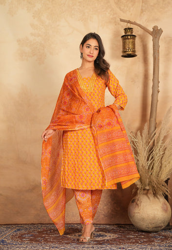 Radiant Orange Ethnic Printed Suit Set with Dupatta