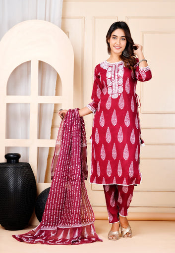 Elegant Maroon Block Print Cotton Kurti Set