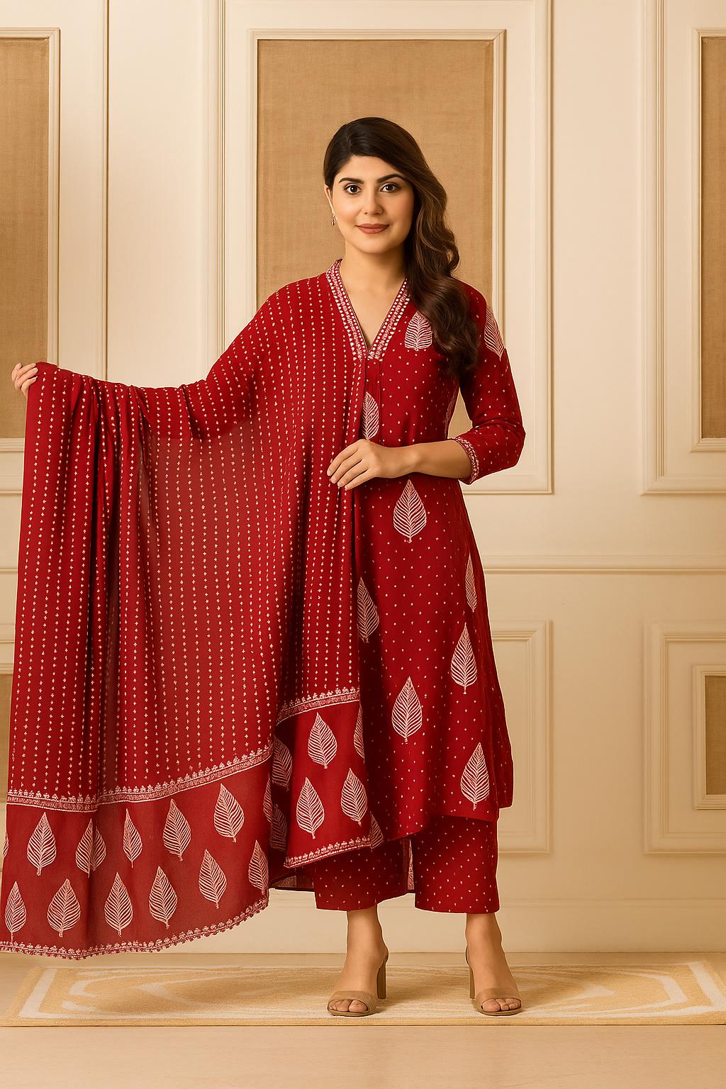 Elegant Maroon Handblock Printed Cotton Kurti Set with Dupatta