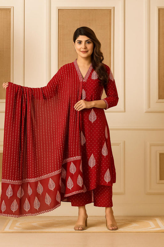 Elegant Maroon Handblock Printed Cotton Kurti Set with Dupatta