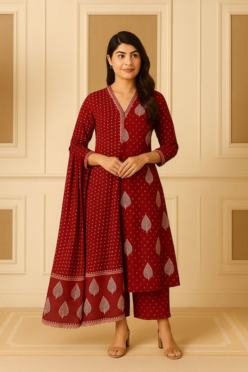 Elegant Maroon Handblock Printed Cotton Kurti Set with Dupatta