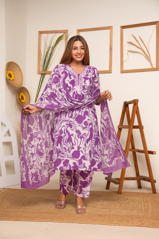 Elegant Lavender Marble Print Kurti Set